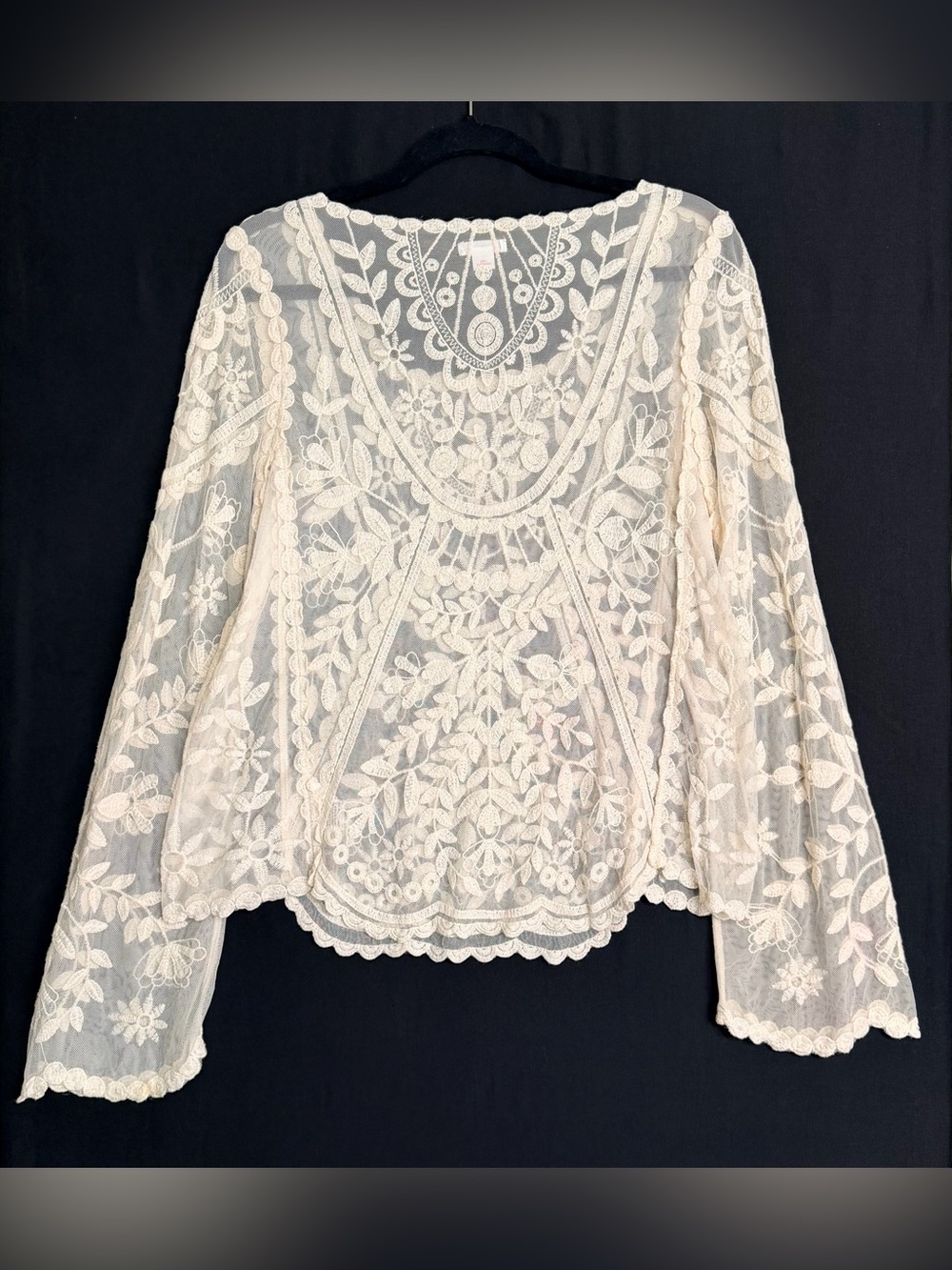 Cream Floral Lace Peasant Blouse long bell sleeve festival Hippie Woodstock - Picture 2 of 12